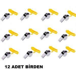 12 Adet Birden Metal Düdüğü Sarı İp İle Birlikte