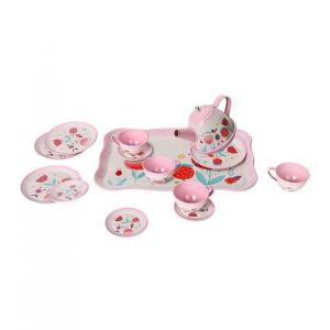 15 Parça Desenli Metal Çaydanlık Seti Tepsili Çay Fincan Seti Pembe Renk