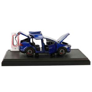 1:24 Ölçek Sesli Işıklı Kapıları Açılır  Şarj İstasyonlu Metal Tesla Model X Araba 18 Cm Mavi Renk