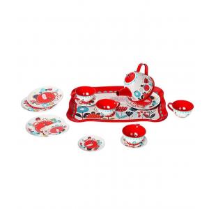 15 Parça Metal Tepsili Çaydanlık Seti Desenli Çay Fincan Seti Kırmızı Renk