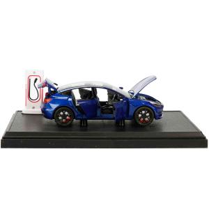 1:24 Ölçek Sesli Işıklı Kapıları Açılır  Şarj İstasyonlu Metal Tesla Model Y Araba 18 Cm Mavi Renk