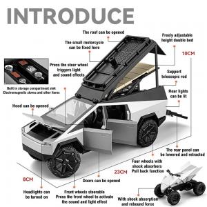 1:24 Ölçek Tesla CyberTruck Camping Çek Bırak Metal Sesli Işıklı Gümüş Renk Kutulu