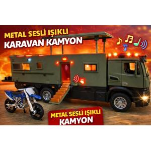 1:24 Ölçek Metal Sesli Işıklı Karavan Kamyon 20 Cm Askeri Renk Nomadısn Karavan