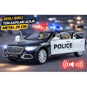 1:24 Ölçek Tüm Kapıları Açılabilen Sesli Işıklı Metal Polis Arabası 20 Cm
