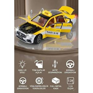 1:24 Ölçek Işıklı Sesli  Tüm Kapıları Açılabilen Metal Taksi Arabası Sarı Taksi 20 Cm